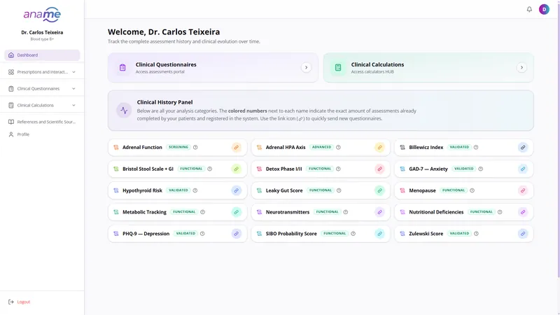 AnameLab dashboard with clinical questionnaires and calculations
