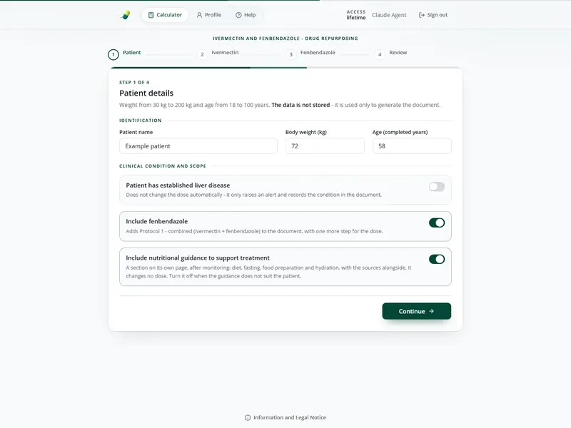 First step of the dose calculator: patient details